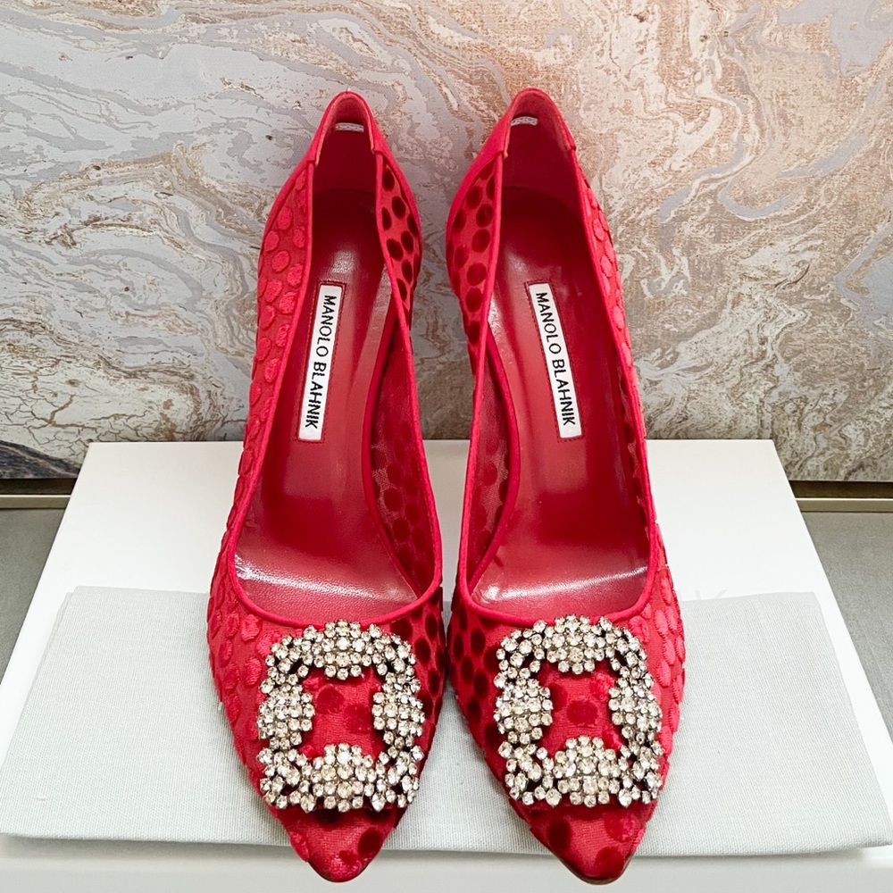 New! Manolo Blahnik Hangisi Red Jewel Buckle Pumps - Picture 4 of 11